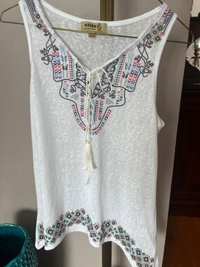 White Sleeveless Embroidered Tunic with Tassel Tie